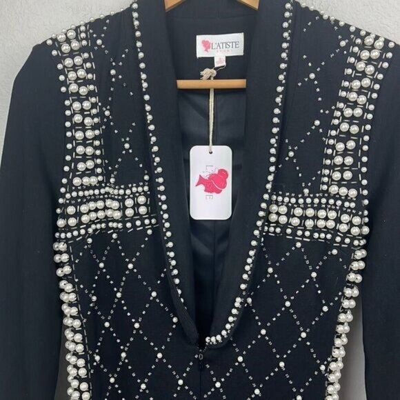 L'atiste Pearl Tuxedo Dress Black Long Sleeve Deep V-Neck Lined Bodycon NEW - Picture 6 of 13